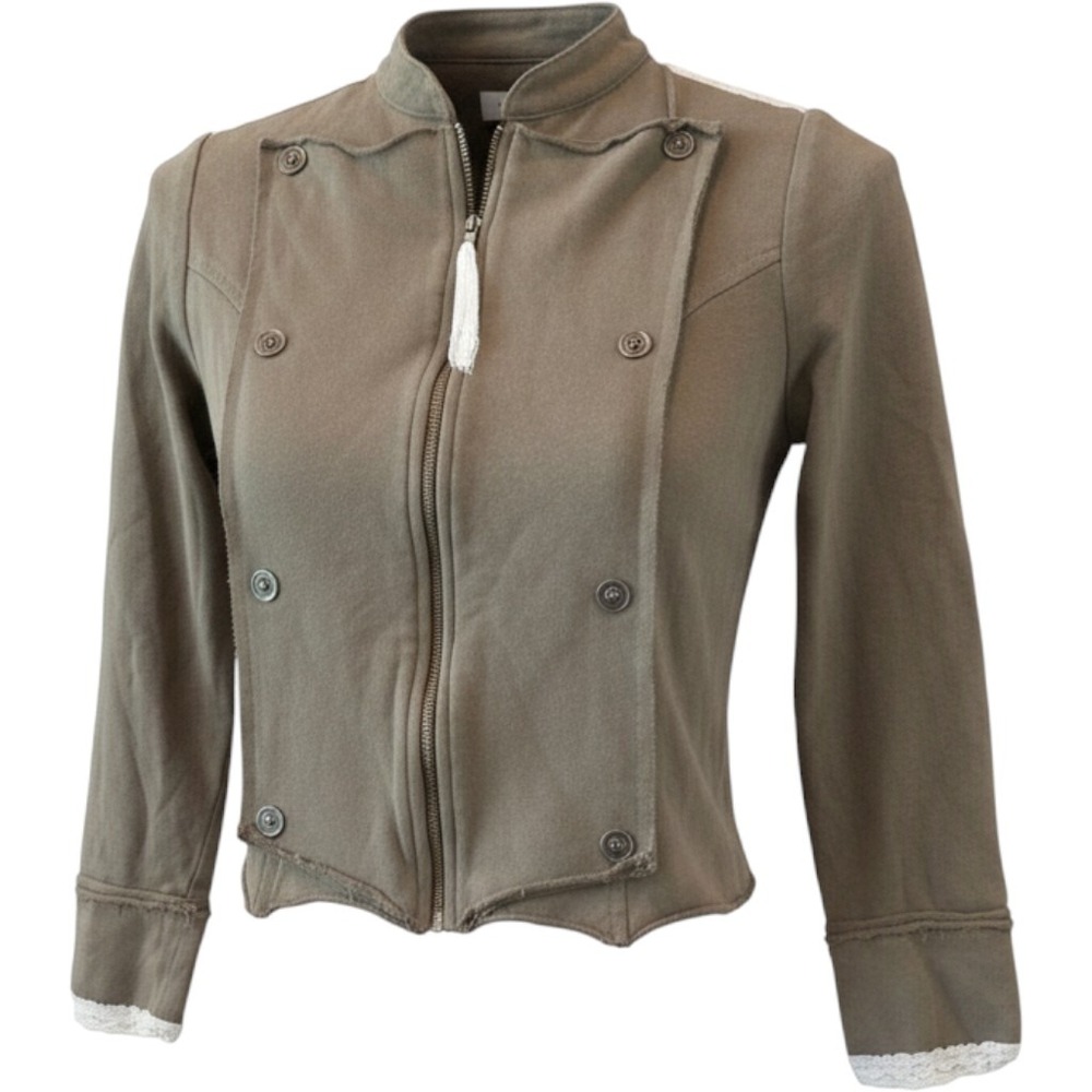 D-Signed Jacket Cotton Military Fringe Cropped Olive Western Boho Kids L 14/16